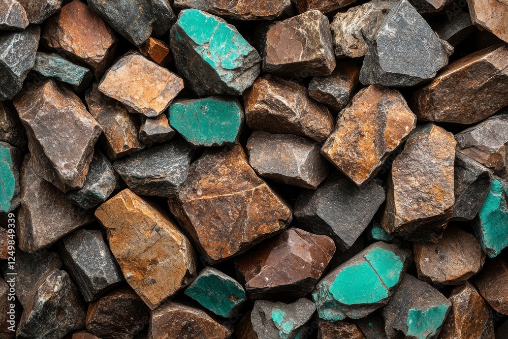 Natural stones featuring vibrant green and earthy tones found in a rocky landscape Natural stones featuring vibrant green and earthy tones found in a rocky landscape