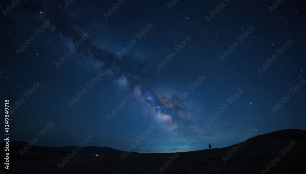 Person stands on hilltop observing magnificent starry night sky filled with glowing galaxy. Night sky vibrant with bright stars. Dark landscape. Starry night. Beautiful view. Outer space. Celestial