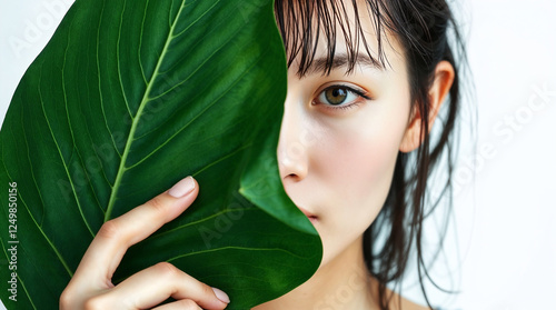 A beautiful young girl in the studio on a white background with wet skin and wet hair holds a large green tropical leaf in hands and covers a part of her face photo