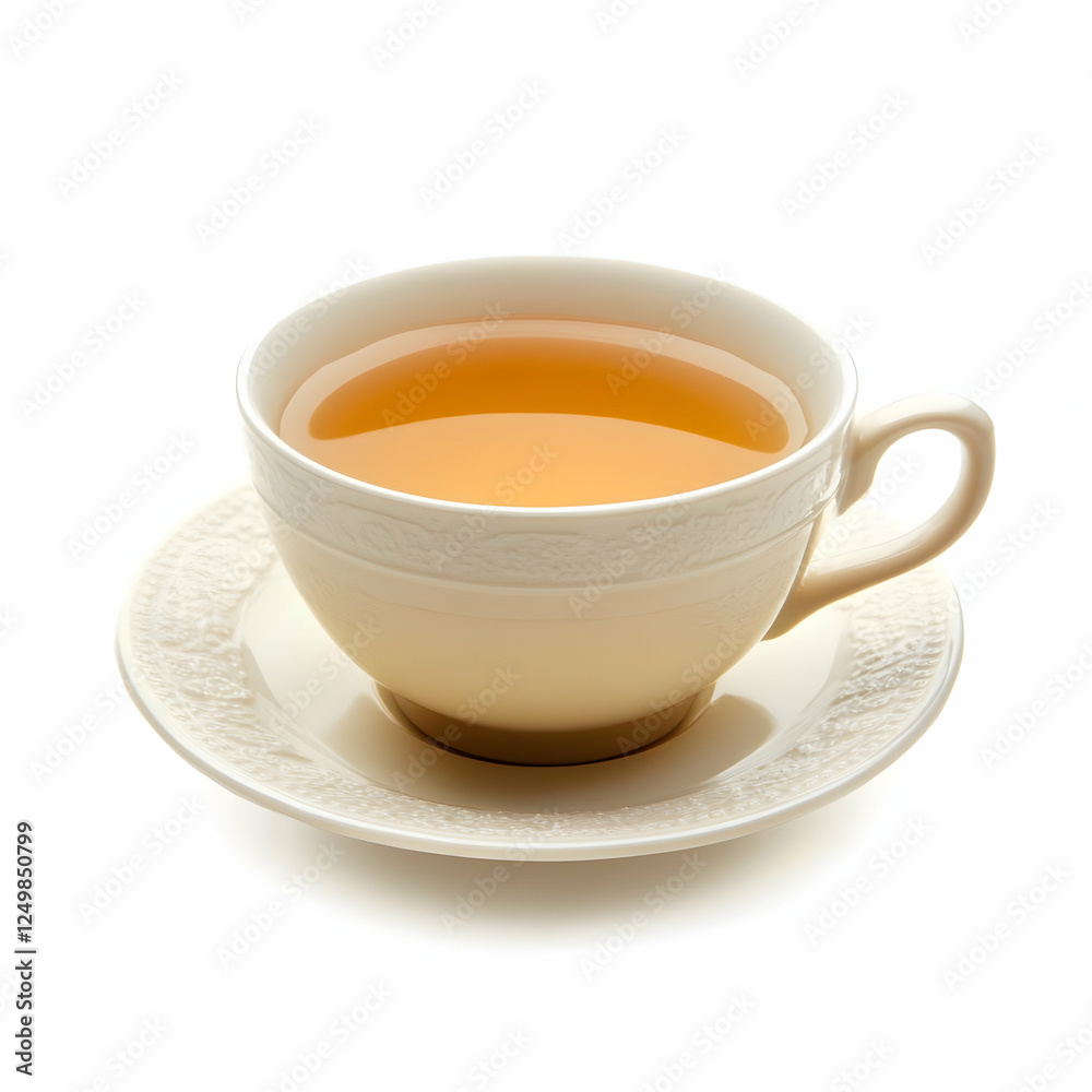 Teacup of herbal tea on saucer, white background Teacup of herbal tea on saucer, white background