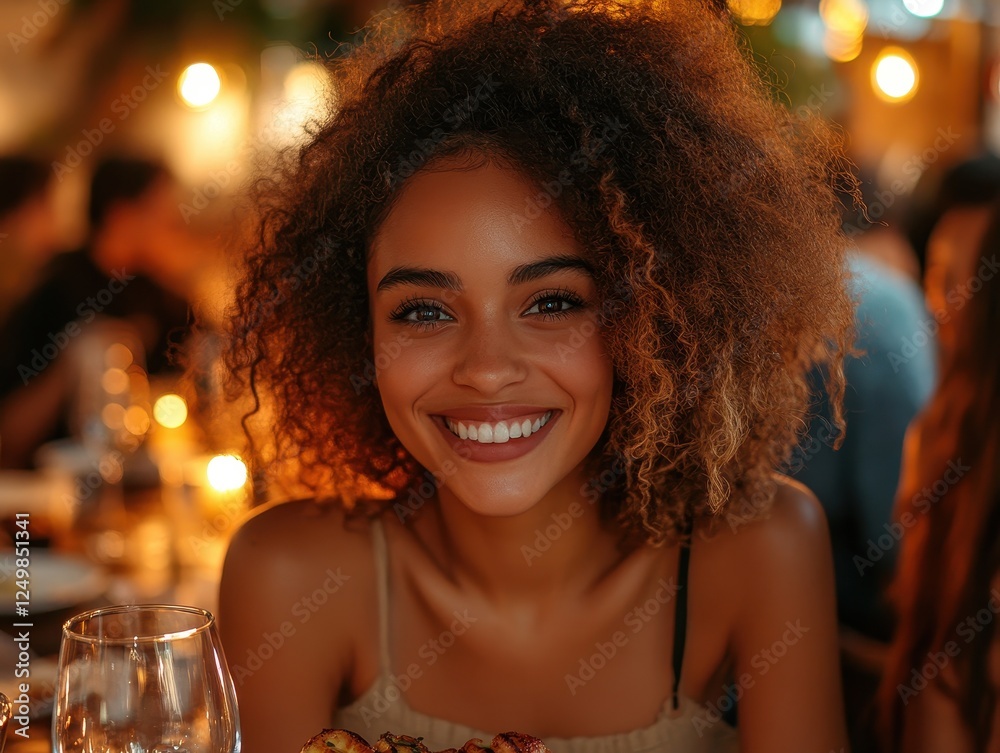 A joyful woman smiles while enjoying a meal at a lively dining setting. A joyful woman smiles while enjoying a meal at a lively dining setting.