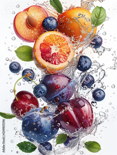 cherry orange blueberries peaches in water fruit still life photography