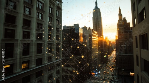 Sunset Over City Skyline with Digital Connections Concept