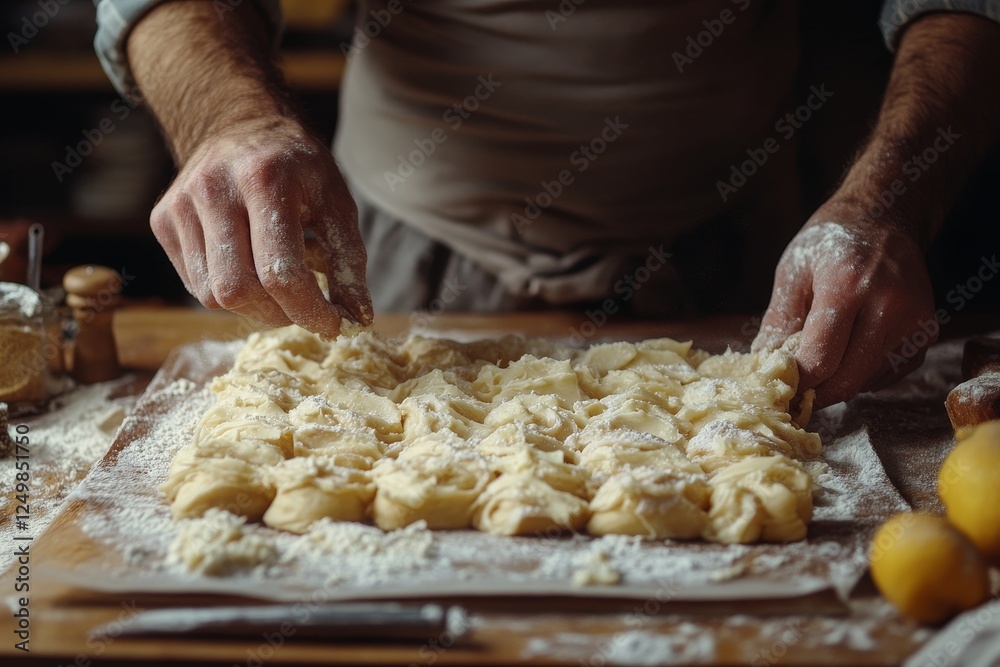 Baker preparing pastry dough on wooden table Baker preparing pastry dough on wooden table
