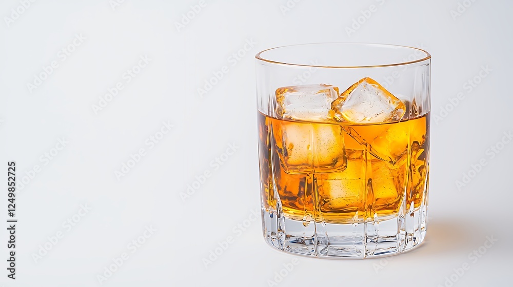 Glass of Whiskey with Ice on White Background Glass of Whiskey with Ice on White Background