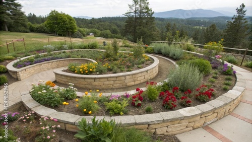 panoramic view of spiral raised bed with flowers and herbs, nature-inspired, gardens for sale, flower arrangement, outdoor decor, garden design