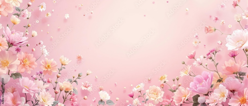 Pastel pink background with scattered flowers in various stages of bloom, pastel colors, botanical photography, colorful illustrations. Pastel pink background with scattered flowers in various stages of bloom, pastel colors, botanical photography, colorful illustrations.