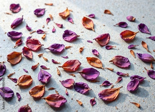 Purple brown dried flower petals on a light gray surface, decorative accents, abstract pattern, dried flowers