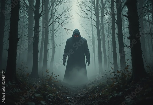 Hooded Figure Stands In A Foggy Forest Path