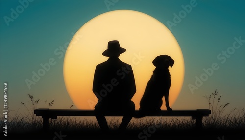 A tranquil scene capturing a man and his dog silhouetted against a stunning sunset, evoking feelings of companionship and peace.