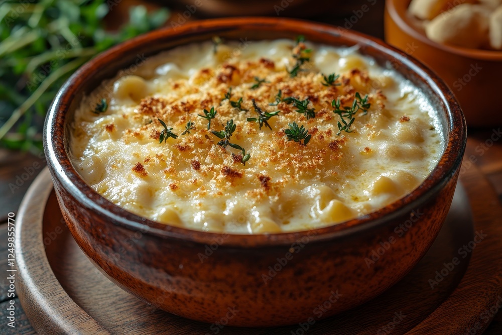 Creamy Mac & Cheese, Rustic Bowl, Wooden Table, Thyme Garnish, Food Blog Creamy Mac & Cheese, Rustic Bowl, Wooden Table, Thyme Garnish, Food Blog