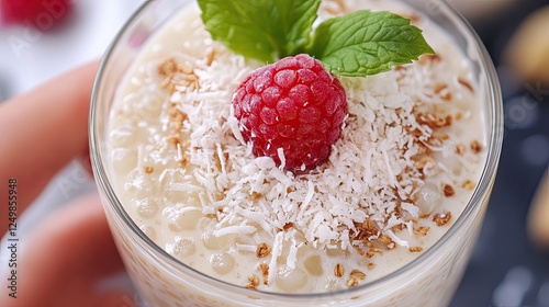 Delicious Tapioca Pudding with Coconut Flakes and Raspberry Garnishing photo