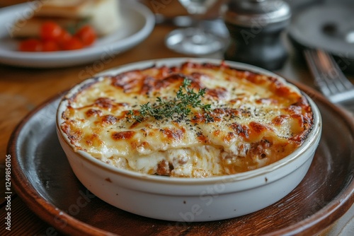 Delicious lasagna, restaurant table, food photography, background blur