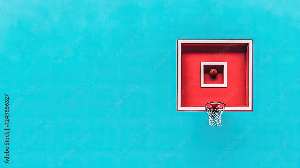 Minimalist basketball hoop and ball set against a vibrant blue wall. Minimalist basketball hoop and ball set against a vibrant blue wall.