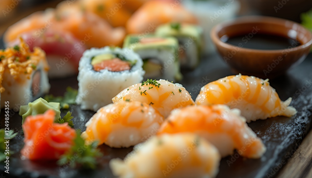 Assorted Sushi Platter with Nigiri, Rolls and Soy Sauce Ready to Eat Assorted Sushi Platter with Nigiri, Rolls and Soy Sauce Ready to Eat