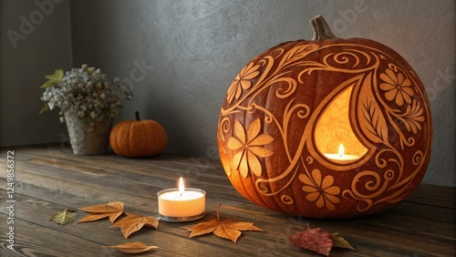 Single large pumpkin carved with abstract design lit by a tea light candle inside, warm lighting, pumpkin carvings, abstract design, autumnal decor