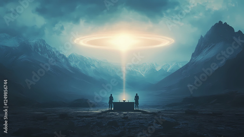 Mystical, otherworldly landscape with glowing celestial object, two figures at a dark altar table, dramatic mountains in the background. Alien Rituals & Ceremonies. Illustration