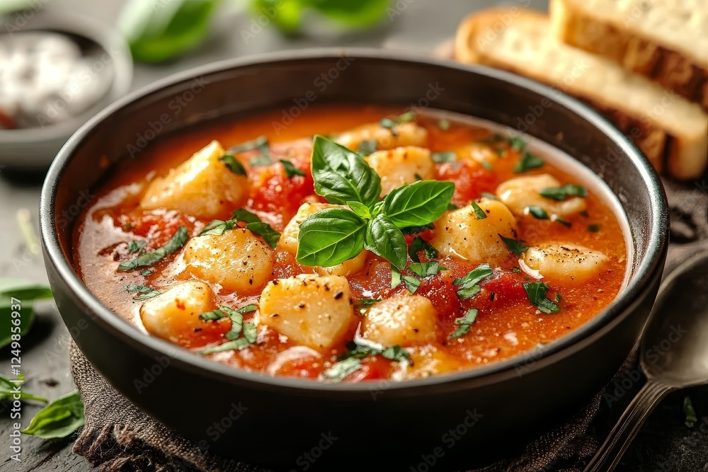 Delicious gnocchi tomato soup, basil garnish, rustic setting Delicious gnocchi tomato soup, basil garnish, rustic setting
