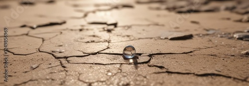 Small water droplet suspended in mid-air above parched and cracked earth surface, parched soil, sparse drops, suspend