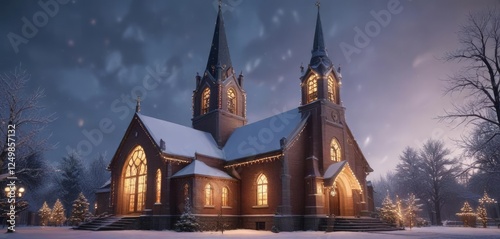 Snow-covered church with decorated steeple and festive lights, sacred space, holy place