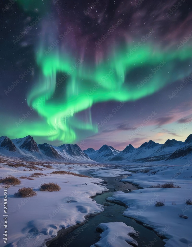 Naklejka premium Snow-covered landscape with vibrant northern lights in the sky, snow, night, winter, stars, landscape