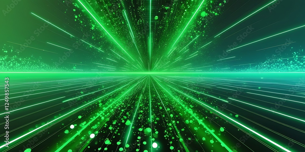 Fototapeta premium Futuristic digital data stream with glowing green laser lines extending into the distance, representing high-speed technology, cyber connectivity, AI, virtual reality, and innovation