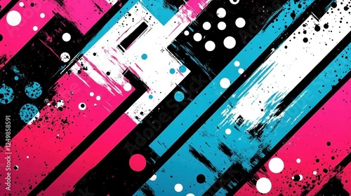 Abstract Diagonal Stripes Pink Blue Black White Circles