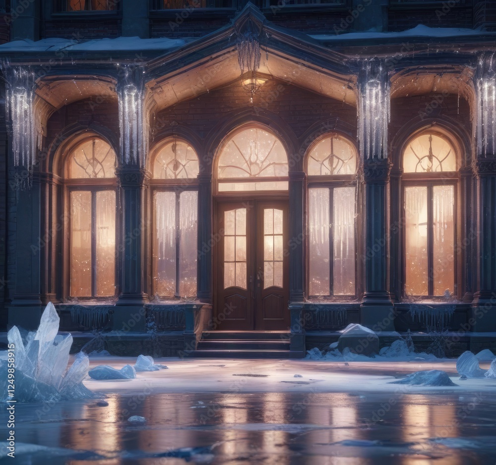 Fototapeta premium Sparkling ice palace with glittering icicles and frosty windows, frosty windows, frosty landscape, fairy lights