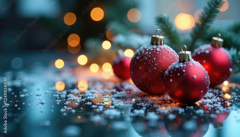 Sparkling ornaments reflect on a frosty glass table with twinkling bokeh lights and snowflakes, reflections, sparkles Sparkling ornaments reflect on a frosty glass table with twinkling bokeh lights and snowflakes, reflections, sparkles