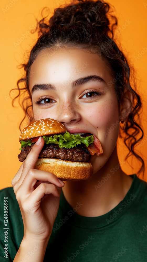 Brunette enjoying takeaway hamburger
Brunette enjoying takeaway hamburger