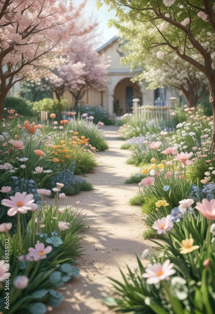 Spring garden illustration with light pastel colors and abstract shapes, bright, growth, art Spring garden illustration with light pastel colors and abstract shapes, bright, growth, art
