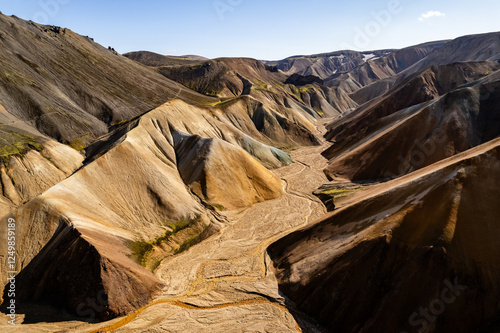 Vivid aerial view of colorful volcanic Landmannalaugar mountains and eroded terrain under clear sky, showcasing natural beauty and geological wonders. Perfect depiction for landscapes and travel