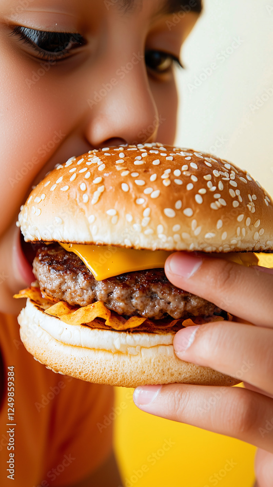 man eating hamburger on yellow background
