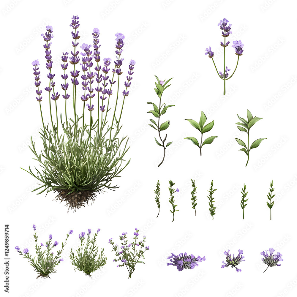 Obraz premium Set of lavender artistic depictions - lavender plant with elongated stems and delicate small flowers