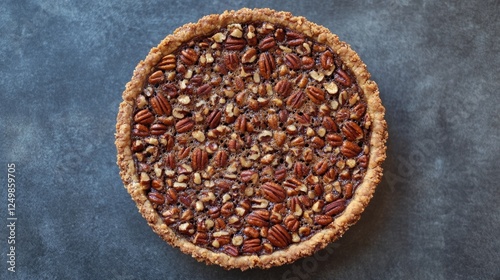 Delicious Homemade Pecan Pie Overhead View on Dark Gray Background photo