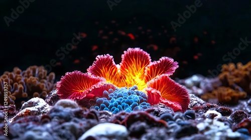 Vibrant coral reef scene showcasing colorful marine life illuminated by soft light photo