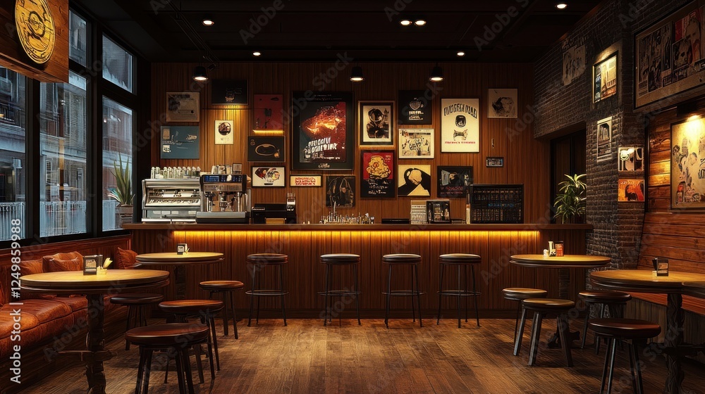 Cozy and Inviting Cafe Interior with Stylish Bar and Comfortable Seating Cozy and Inviting Cafe Interior with Stylish Bar and Comfortable Seating