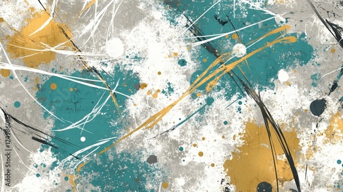 Abstract Teal Gold Grey White Splashes Artwork