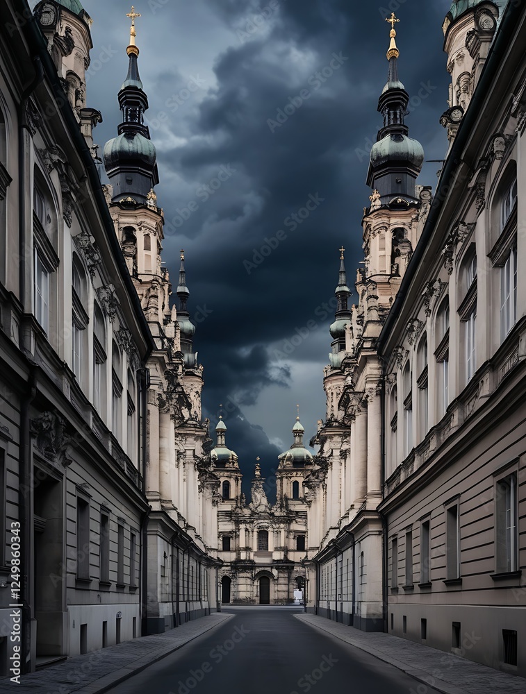 Fototapeta premium Dramatic view of a historic European street with towering baroque architecture under a stormy sky, evoking a sense of mystery, grandeur, and timeless beauty in urban exploration.