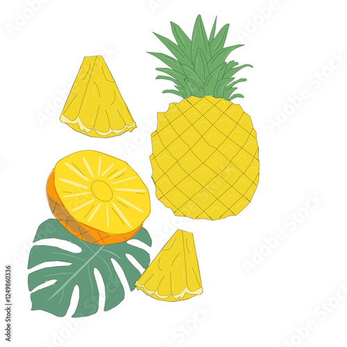 seamless pattern of pineapple. Set of pineapple. Seamless pineapple pattern vector. Ananas seamless pattern. Pineapple exotic tropical fruit as name Ananas comosus.  Whole pineapple with leaves.