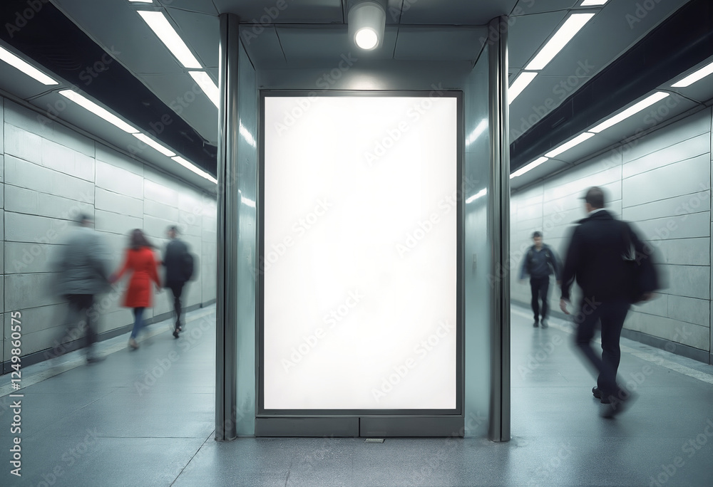 Mockup of a blank advertising panel in a modern subway hallway with blurred pedestrians walking by. Mockup of a blank advertising panel in a modern subway hallway with blurred pedestrians walking by.