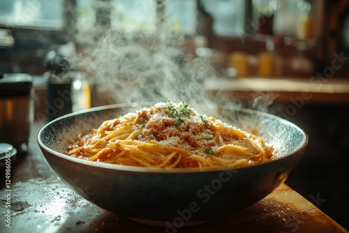 Steaming spaghetti bolognese in bowl, kitchen background, food photography photo