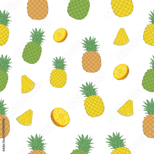 seamless pattern of pineapple. Set of pineapple. Seamless pineapple pattern vector. Ananas seamless pattern. Pineapple exotic tropical fruit as name Ananas comosus.  Whole pineapple with leaves.