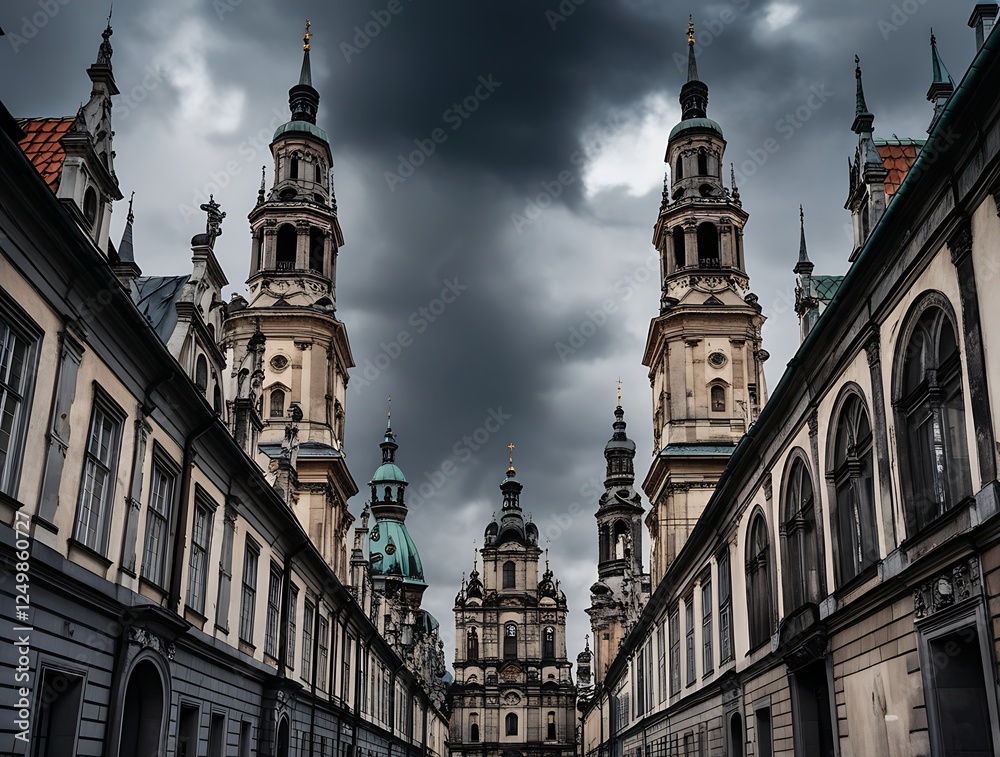 Dramatic view of a historic European street with towering baroque architecture under a stormy sky, evoking a sense of mystery, grandeur, and timeless beauty in urban exploration.
Dramatic view of a historic European street with towering baroque architecture under a stormy sky, evoking a sense of mystery, grandeur, and timeless beauty in urban exploration.