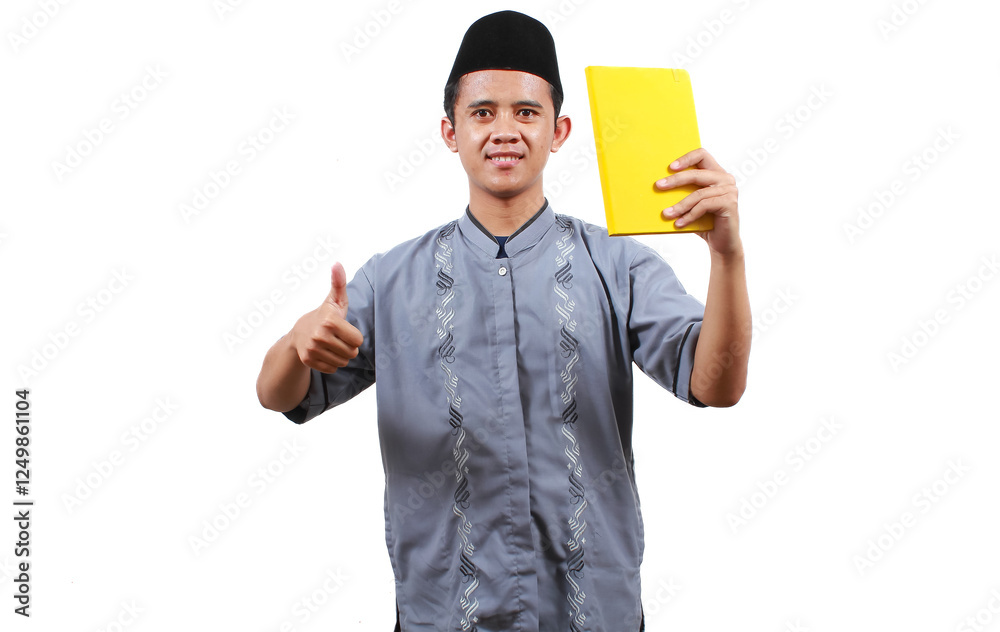 muslim asian man holding book and thumbs up isolated on white background muslim asian man holding book and thumbs up isolated on white background