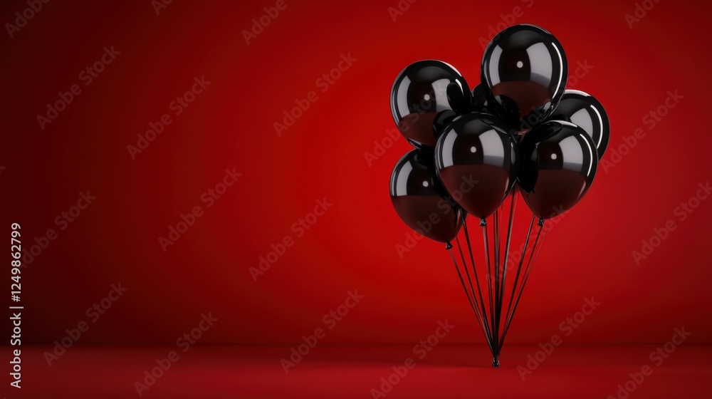 Obraz premium A collection of glossy black balloons floating against a vibrant red background, creating a striking contrast for celebrations or special occasions, evoking elegance and mystery