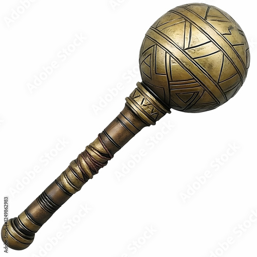 Golden ceremonial mace, isolated background, ancient design
