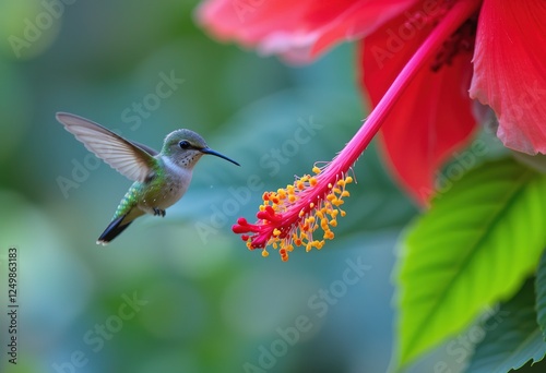 Hummingbird in flight near a red hibiscus flower