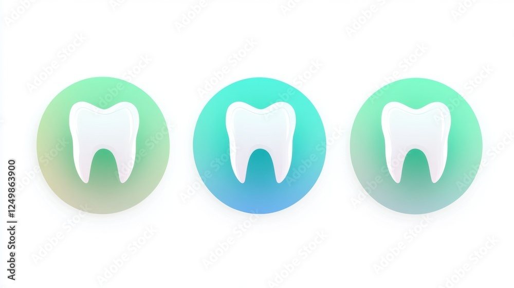 Three dental icons featuring white teeth on smooth gradient backgrounds suitable for logo mockup and text display Three dental icons featuring white teeth on smooth gradient backgrounds suitable for logo mockup and text display