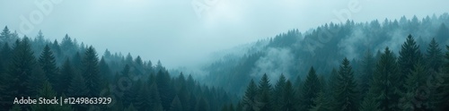 Dense fir forest shrouded in misty foggy atmosphere, misty, fir, wilderness